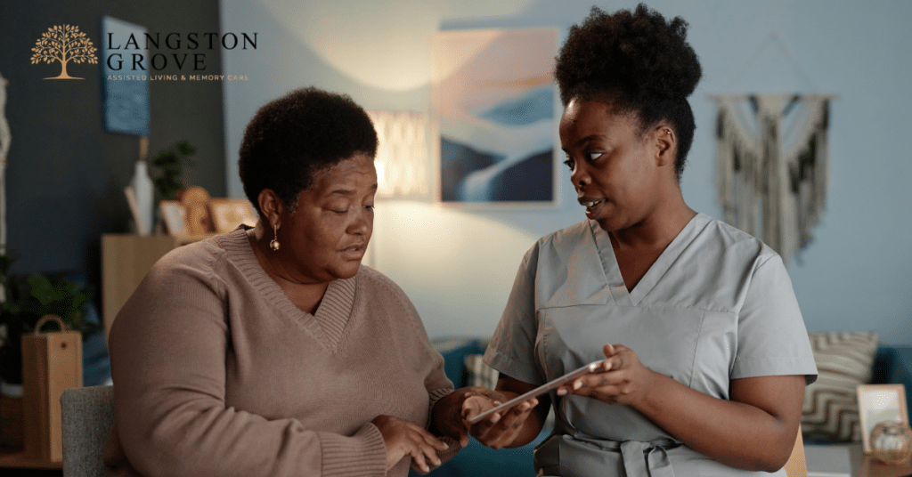 A senior woman is speaking with a care partner about health information when considering the right time for memory care.